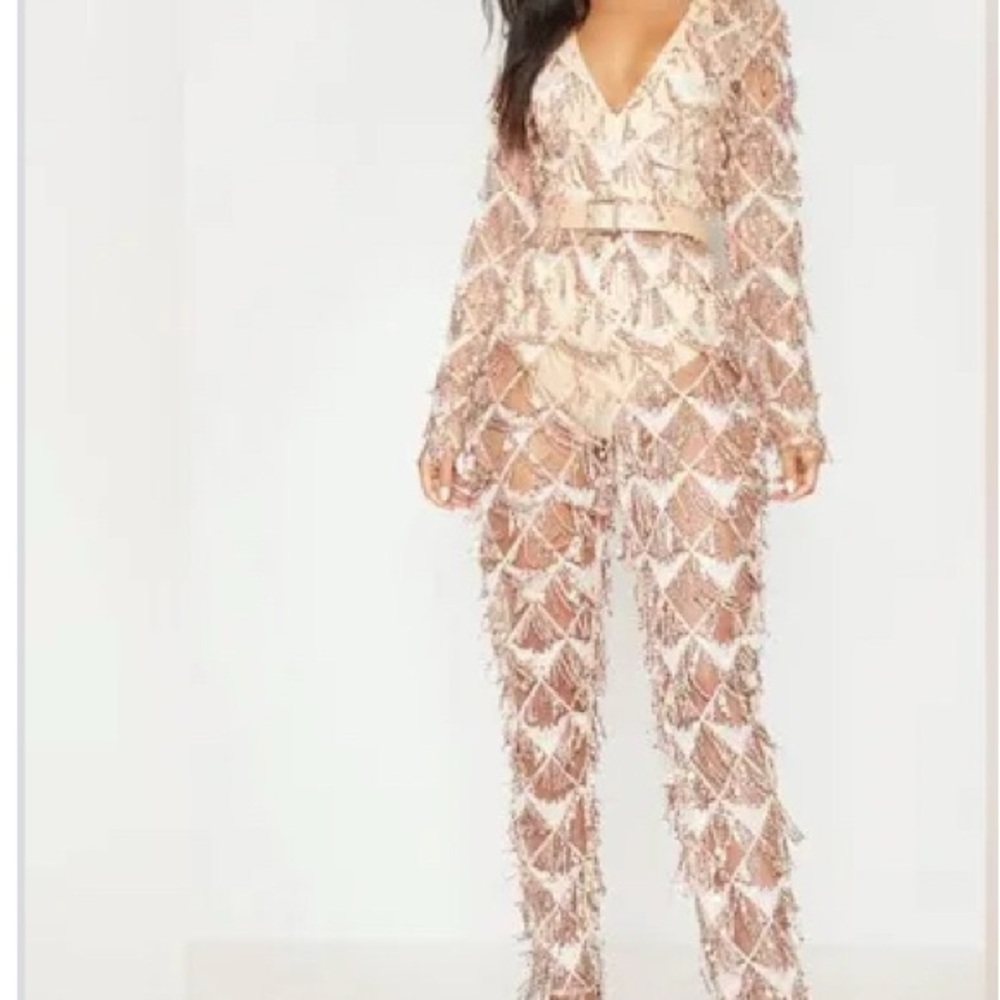Elegant Beige Sequin Jumpsuit